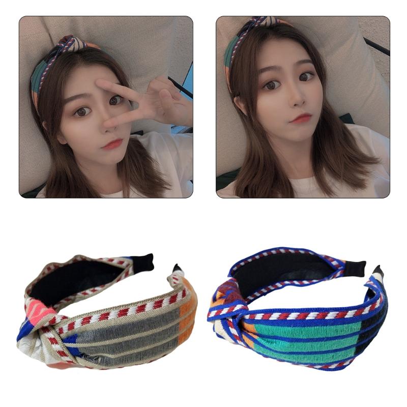 

Women Color Block Striped Headband Chunky Twist Knot Knitted Stretch Hair Hoop X7XC