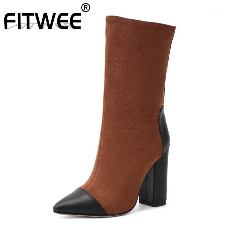 

FITWEE New Women Mid Calf Boots Fashion Mixed Color Pointed Toe High Heels Shoes Winter Warm Women Footwear Size 34-431, Black