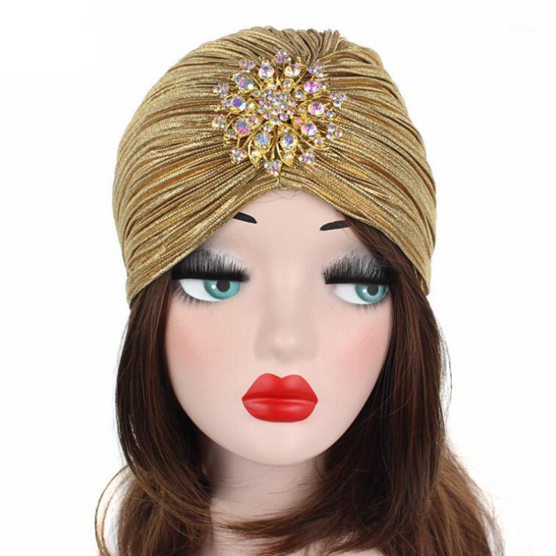 

2020 New Women Luxury Diamond Turban Hat Metallic Shinny Ruffle Turban Head Wrap Dome Caps Beanies India Caps Chemo1, Silver