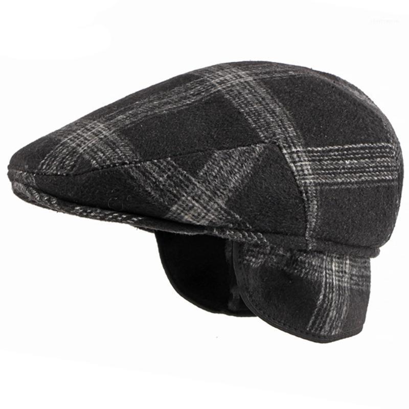 

HT3418 Beret Cap Warm Autumn Winter Hat Men Vintage Plaid Earflap Cap Male Artist Painter Wool Beret Hat Men Ivy Flat Berets1, Black