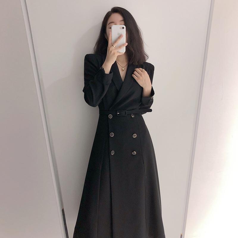 

2021Retro Elegant Lapel Double-breasted Windbreaker Women' Spring and Autumn Waist Was Thinner Long Sleeved Long Sleeve Coat, Black