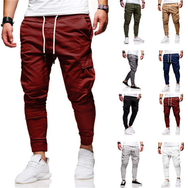

Man Pure Color Cargo Pants Fashion Trend Drawstring Sports Skinny Fitness Baggy Trousers Designer Male Autumn New Elastic Waist Pocket Pants, Khaki