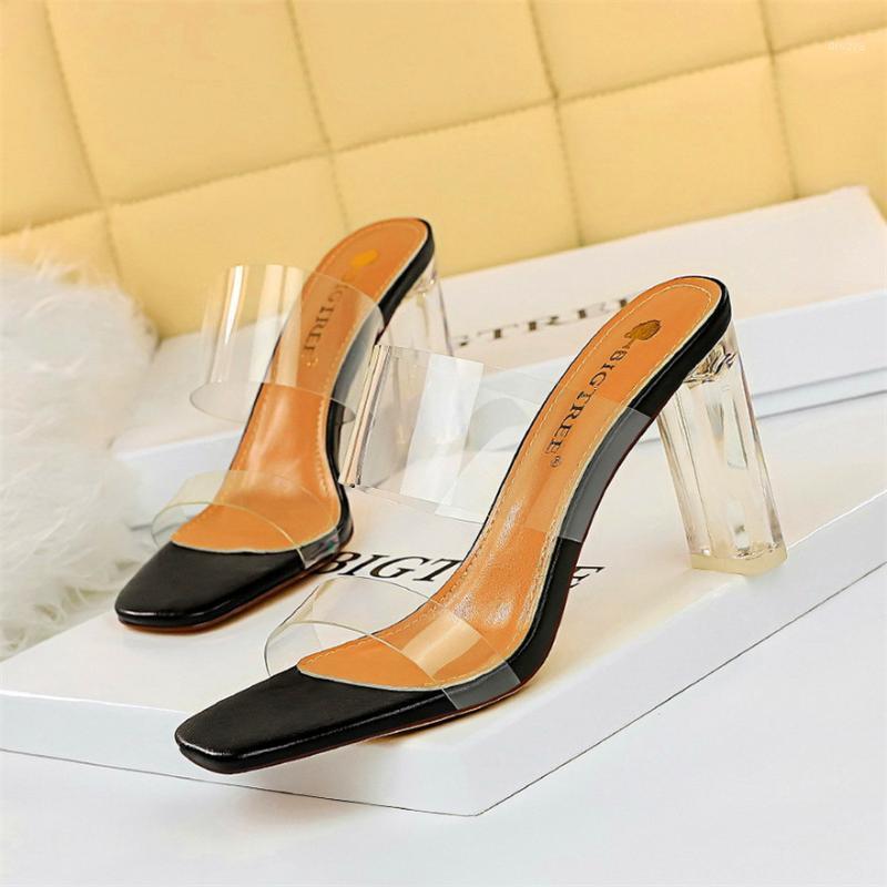 

Shiny Colorful Rhinestone-Band Slippers Women's Korean Open Toe Hollow Daily Sandals Thick High Heels Female Fashion Woman Shoes1, Black 6.5cm