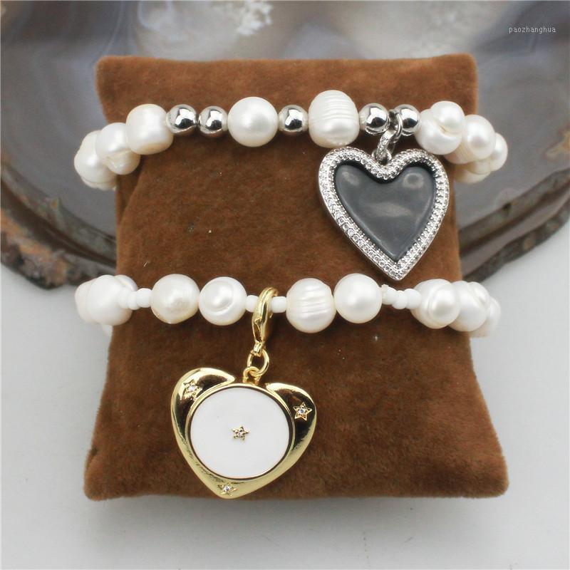 

5pcs/lot Design Freshwater Pearl Bracelet,heart Shape Cz/enamel Component Jewelry, Bracelet Wholesale Link, Chain, Black