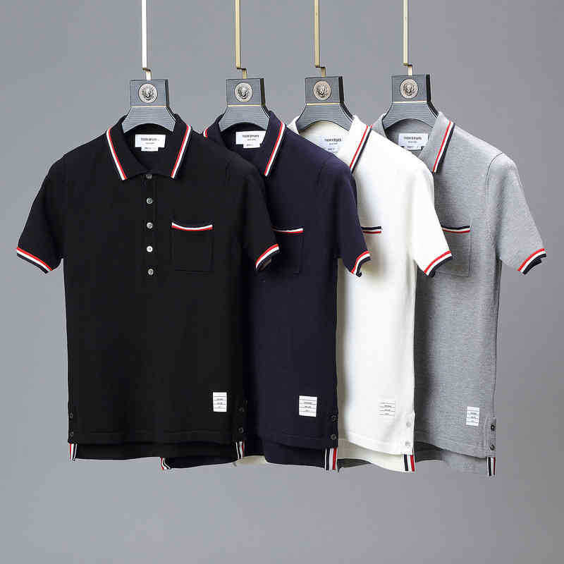 

Thom Brun New Tb Short Sleeve Unisex Summer Knit Lapel Yarn Dyed Stripe Polo, White