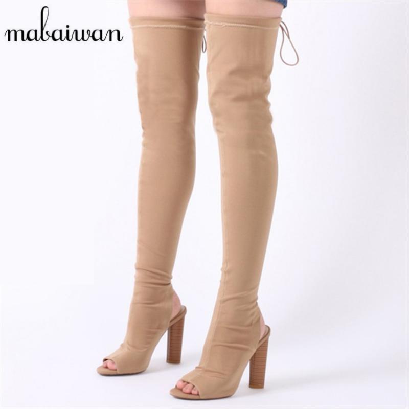 

Mabaiwan 2020 New Fashion Stretch Knit Women Peep Toe Thigh High Sock Boots High Heel Over The Knee Boots Slim Fit Shoes Woman, Black