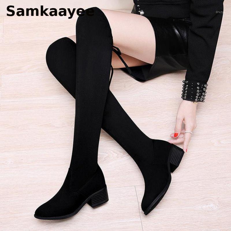 

Size 35-40 Womens Boots Winter Female Knee Botas Mujer Thigh High Platform Shoes Flock 4cm High Heels Add Wool Black Zapatos Y401
