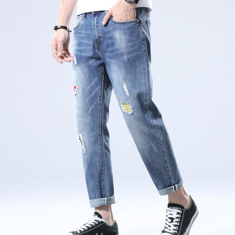 

Loose Korean style jeans denim trendy slim stretch pants plus size men summer thin patch cropped jeans, Pattern