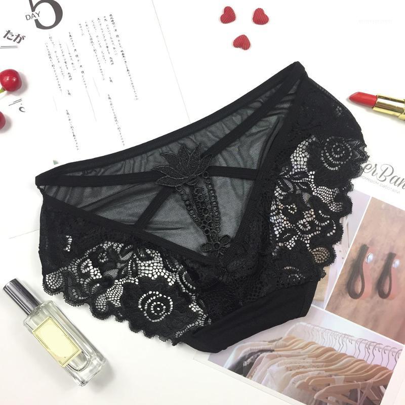 

Summer new women's underwear mesh yarn with hollow embroidery lace comfortable breathable sexy underwear1, Black