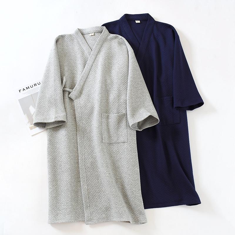 

Autumn Winter Men'S Kimono Nightgown Bathrobe 100% Cotton Air Layer Quilted Thickening Large Size Long Home Gown Sleep Tops, Black;brown