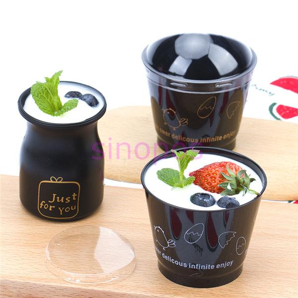 

10pcs black plastic cylinder shape mousse cup with cartoon pattern, cake/sweet packing box with lid and scoop, SP01