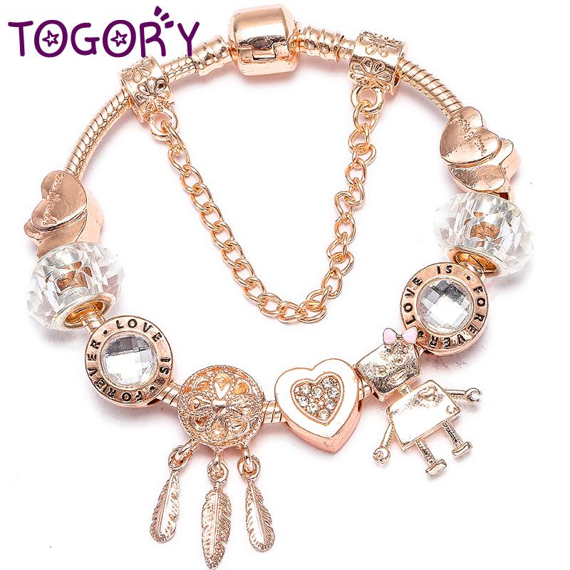 

TOGORY High Quality Robot Beads Charm Bracelet Fits Original Fine Bracelets Bangle For Women Fashion Accessories Dropshipping, Golden;silver