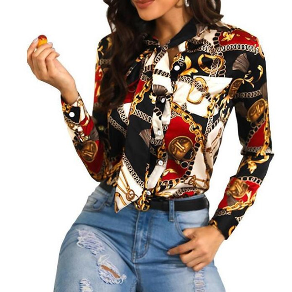 

Womens Shirt Tied Neck Chain Print Casual Shirt Long Sleeve Sexy Blouse Tops fz2823, White