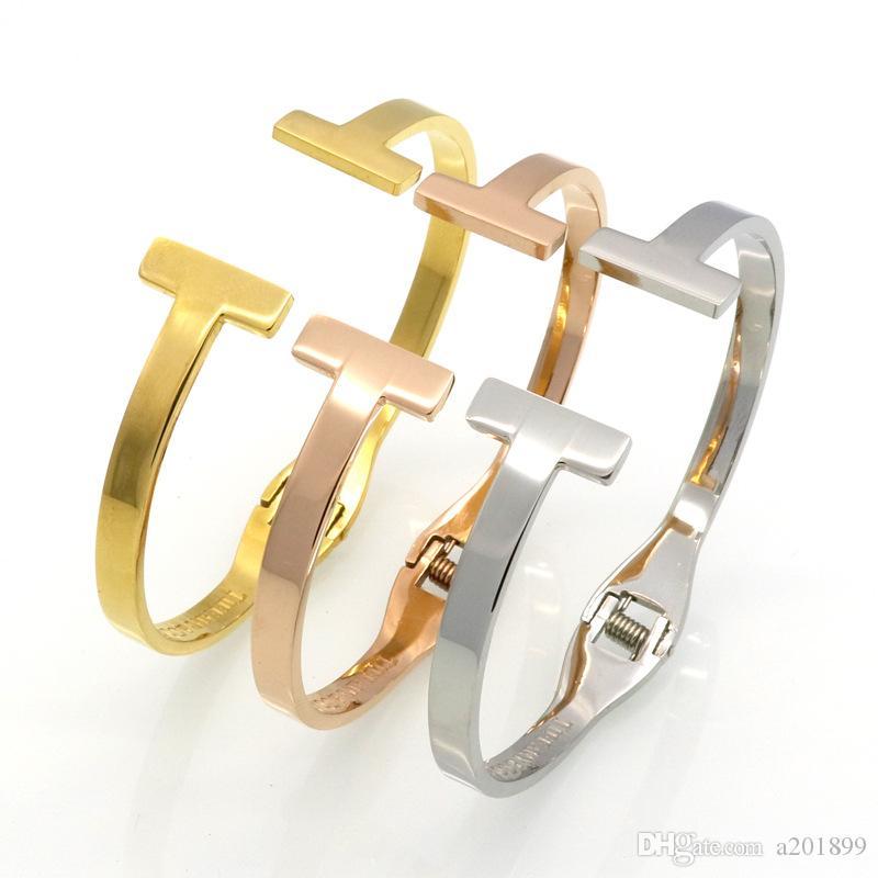 

Gold spring opening bracelet double T letter titanium steel ladies bracelet jewelry, Black