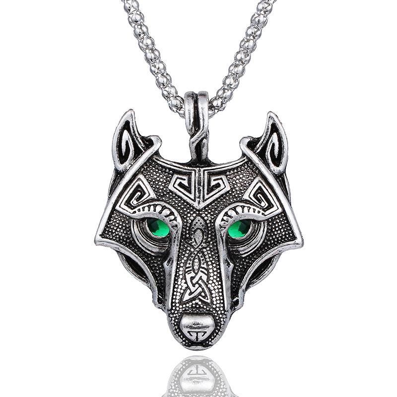 

Vintage Punk Style Norse Vikings Wolf Head Necklace Pendant Green Crystal Eyes Original Animal Jewelry Wolf Head For Men Gift