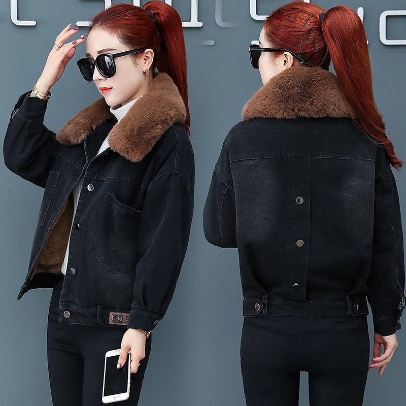 

Plus Size Winter of the New 2021 Women in Addition to Velvet Denim Casual Female Short Parka Large Fur Collar Loose Jacket Zij1, Blue