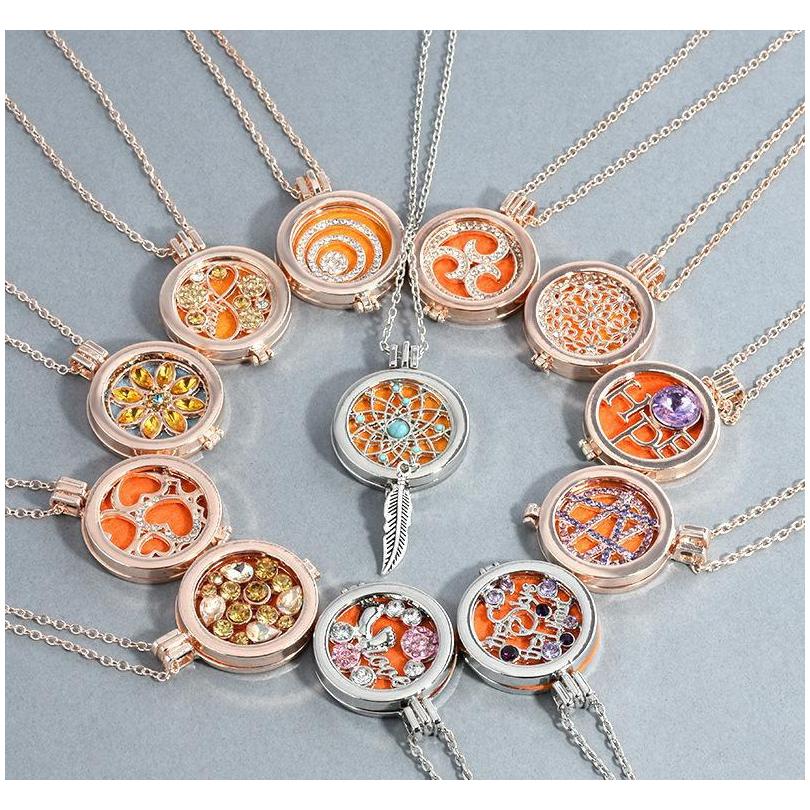 

Rose Gold Flower Dream Catcher Essential Oil Diffuser Necklace Diamond Locket Charm Aromatherapy Jewelry With 3Pcs Washable Insert Aleuj