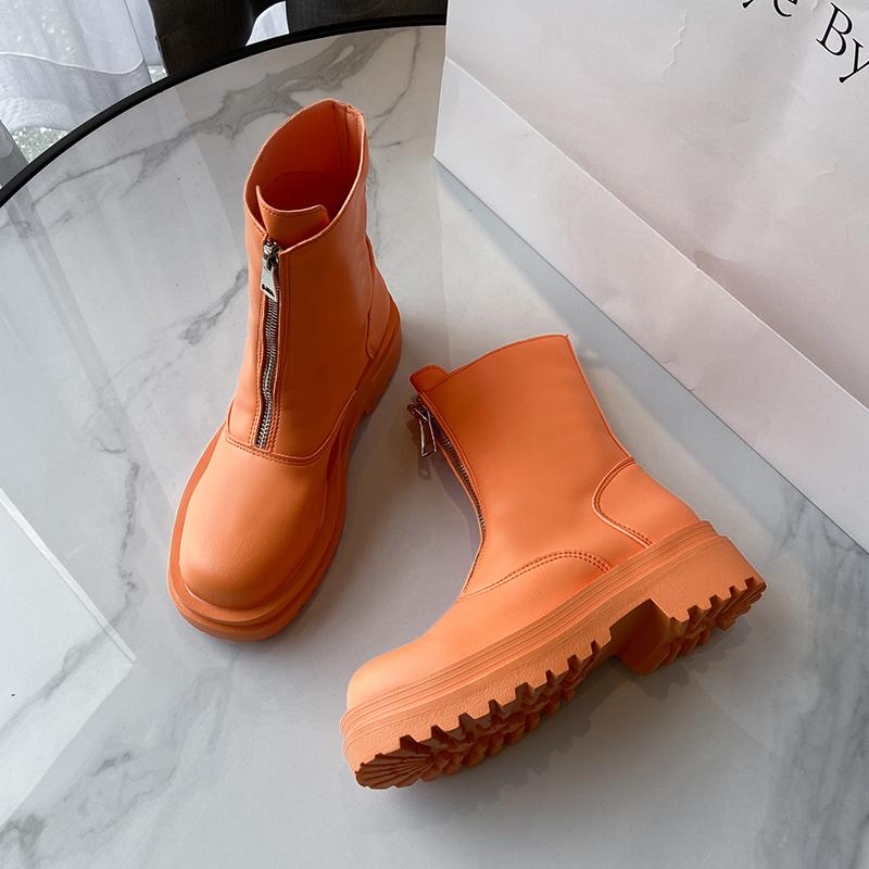 

2021 New orange PU Leather Ankle Boots Women Autumn Winter Round Toe Lace Up Shoes Woman Fashion Motorcycle Platform Botas 35-40
