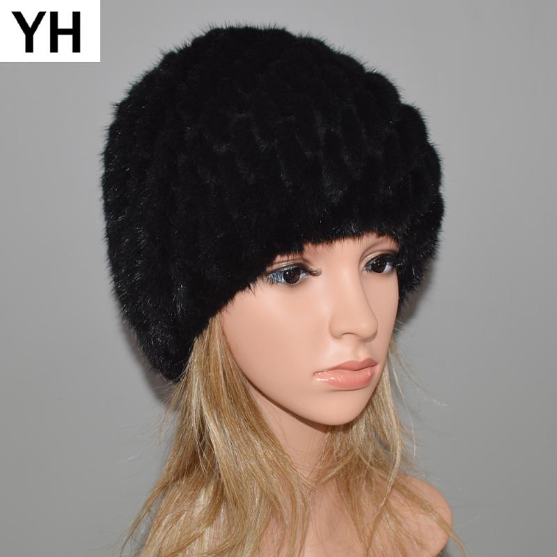 

2020 Russia Winter Women Genuine Real Hat Real Beanies Caps Warm Soft Knitted Cotton Lining Cap, Black