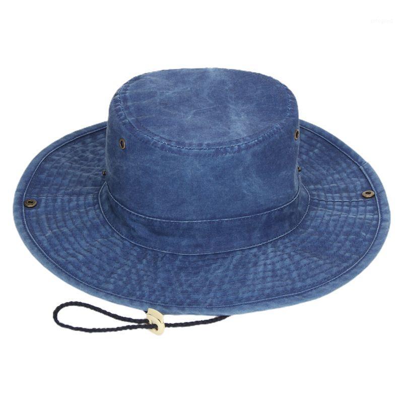 

Wide Brim Hats Unisex Washed Denim Cotton Boonie Hat Sunscreen Chin Strap Outdoor Fishing Cap 449F1, Black