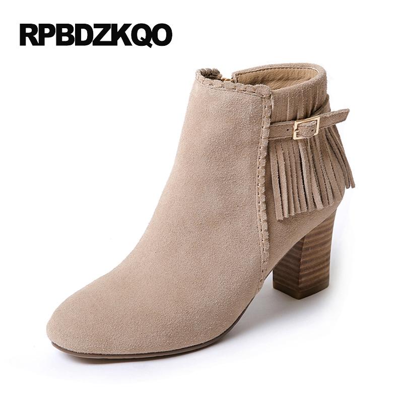 

Fall Booties Elegant Shoes Side Zip Boots Fur Ankle Fringe High Heel Genuine Leather Chunky Autumn Women 2021 Fashion Short, Black fur lined