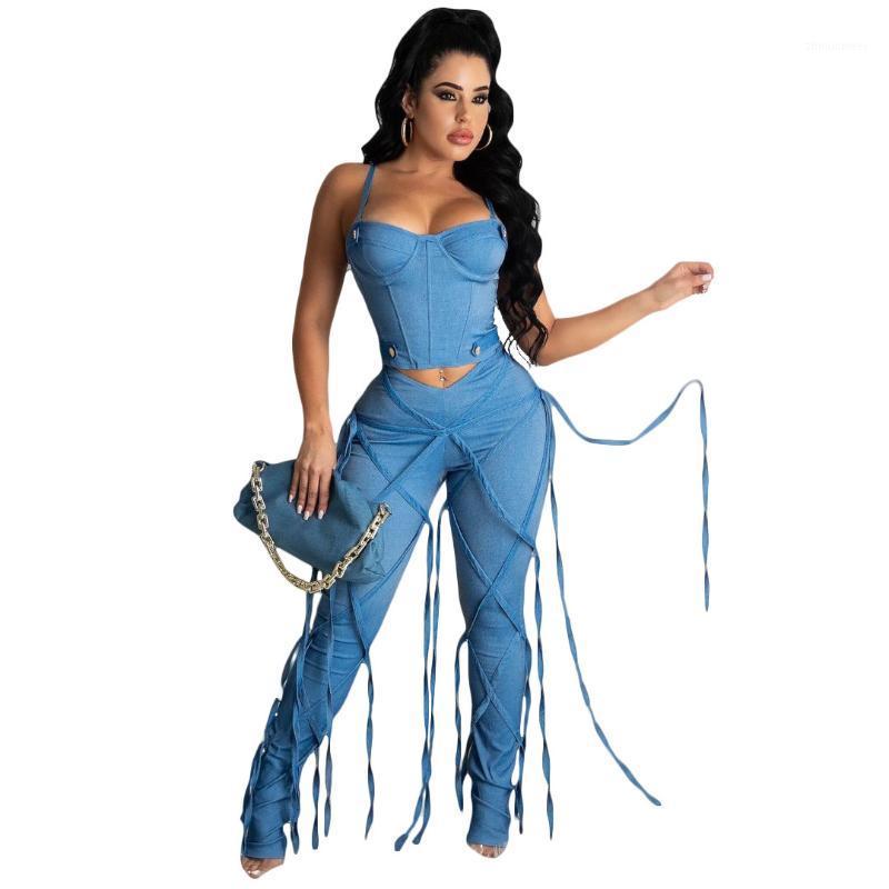 

Casual Women Tassel Denim Jeans Pants Streetwear Trousers High Wiast Fitness Summer Clothes For Outfit Women, Blue