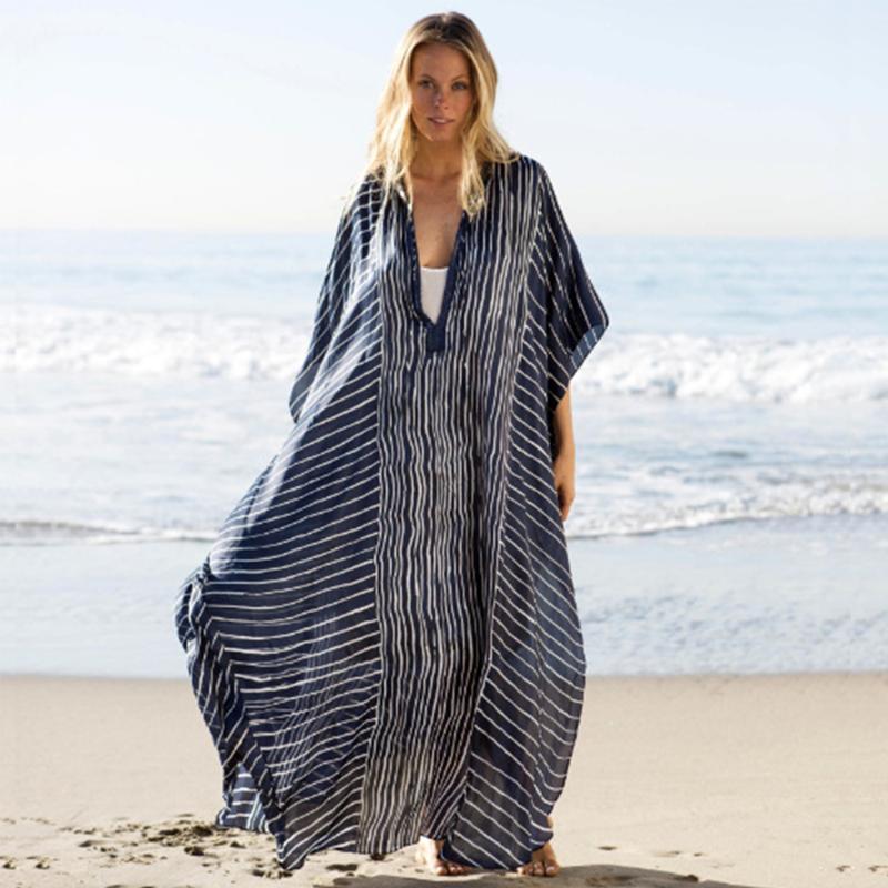 

Overszie Kaftan Black White Striped Side Split Long Beach Dress Cotton Tunic Women Summer Beachwear Kaftan Dress Robe De Plage1