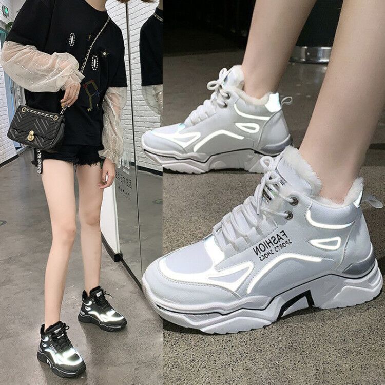 

Sneakers of Winter Korean Hot Skin Women Platform Teddy Leather Reflexive Woman Shoes High Top 72nk, Black