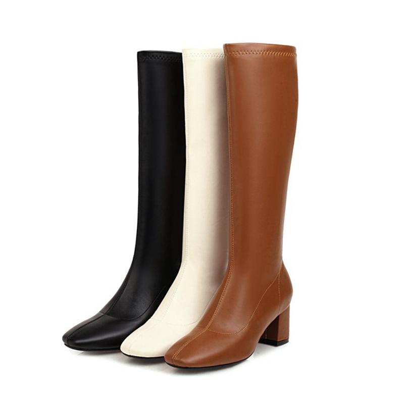 

2020 Brand New Women Boots Thick High Heels Knee High Boots zipper square Toe Autumn Winter Long Ladies Fashion Shoe 661, Beige heels 5cm