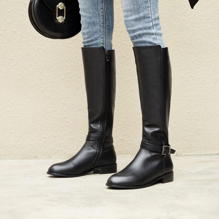 

MLJUESE 2020 women knee-high boots cow leather buckle strap winter black color short plush high boots women size 34-421