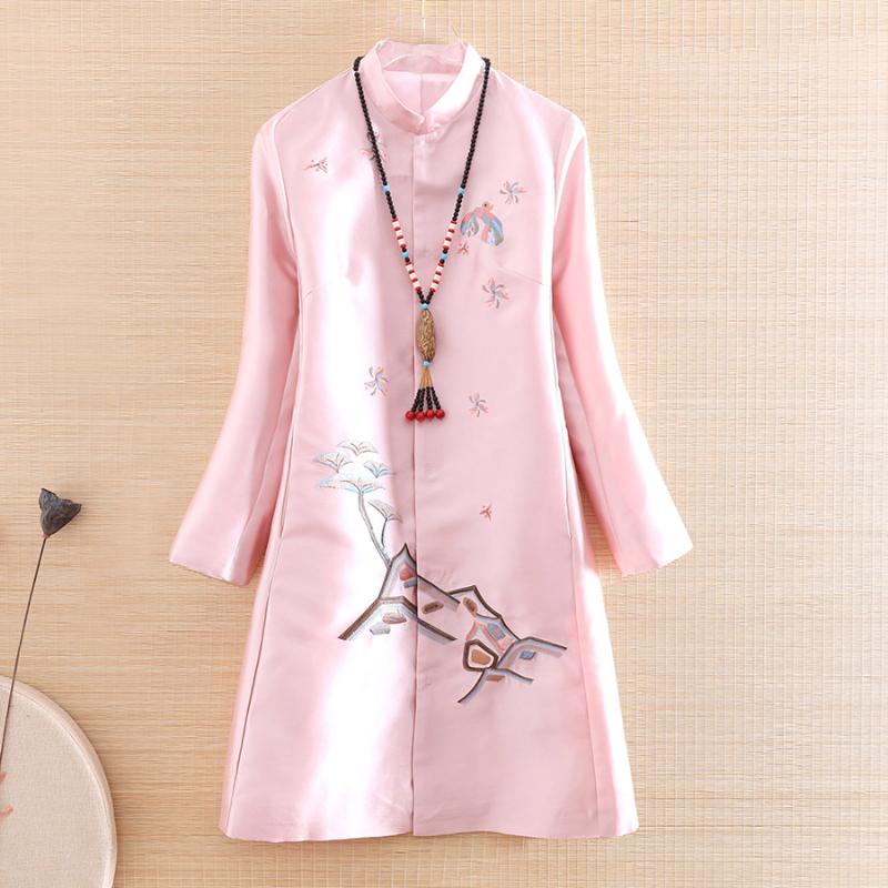 

High-end Elegant Lady Outerwear Autumn Chinese Style Embroidery Retro Women Vintage Slim Trench Coat Female S-XXL