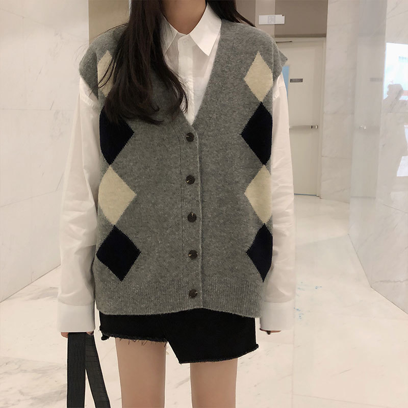 

2021 New Autumn winter Korean style mesh v neck plaid twist blouses and women's pullovers (x1608) 44ED, Gray.