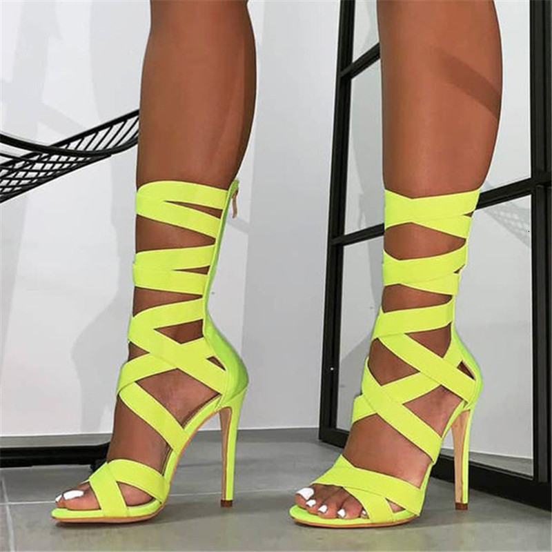 

2021 New Sexy Female-style High-toe Shoes Elastic Open-toed Fabric Mid-calf Hollow Sandals Out Nightclub Party Women's Bombs DJW3, Black