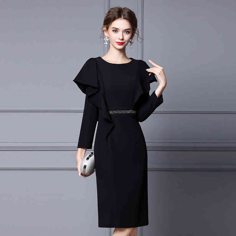 

Casual Dresses Zhili French Hepburn dress autumn Ruffle formal occasion close waist thin skirt RB2R, Red