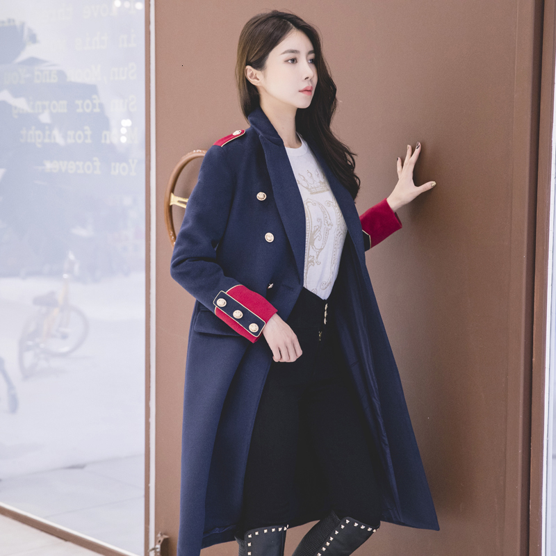 

2021 New Female winter wool long double breasted military style trench fashion streetwear coat mujer femme 5QT1, Blue