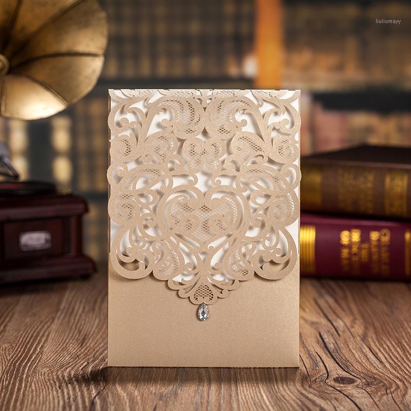 

Vertical Laser Cut Wedding Invitations Cards With Rhinestone White Gold Engagement Customizable CW50101