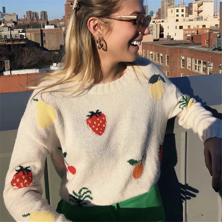 

2021 New Fruit T-shirt Women Bo Main Street Shooting Autumn and Winter Retro Rabbit Hair Loose Pullover Languid Sweater Yxdz, White