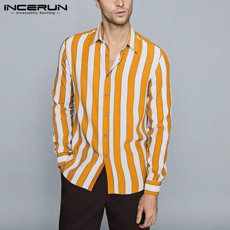 

Long Sleeve Lapel Dress Shirts INCERUN Men Shirts Fashion Striped Button Blouse Spring Man Loose Casual Camisa Streetwear 5XL 7, Yellow
