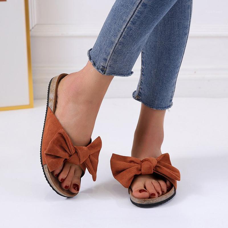 

Summer Women Fashion Bow Tie Flat Slipper Thick Bottom Sandals Home Beach Shoes BM881, Beige