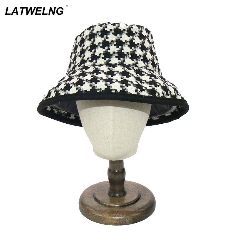 

Ladies Autumn Winter Plaid Bucket Hats Women Thick Warm Hat Dress Up Black Caps Fisherman Caps
