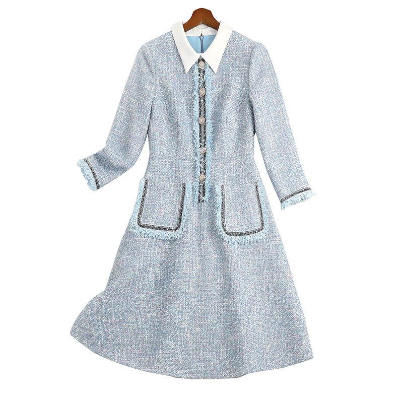 

Vintage Tweed Women Dresses Autumn and Winter Blue Plaid Turn-Down Collar Long Sleeve Button Pockets Plus Size Dress 4xl 5xl, Blue tweed dress
