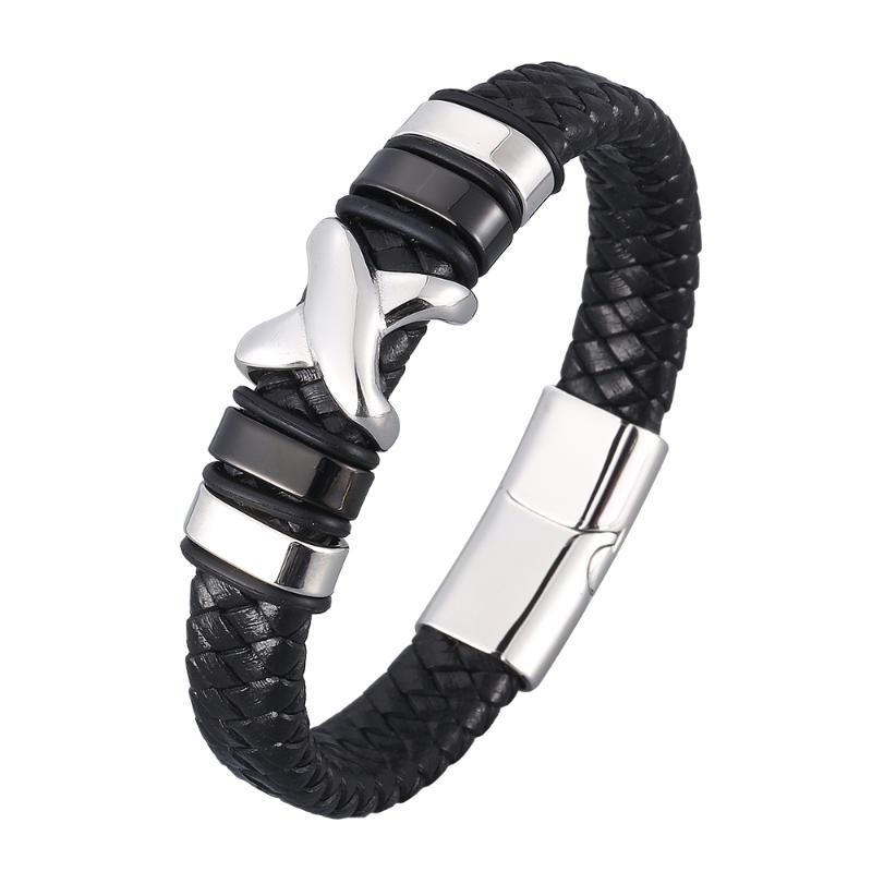 

Charm Bracelets Trendy Style Leather Bracelet Men Black Braided Male Jewelry Party Gift Stainless Steel Magnetic Clasp Bangles BB0963, Golden;silver