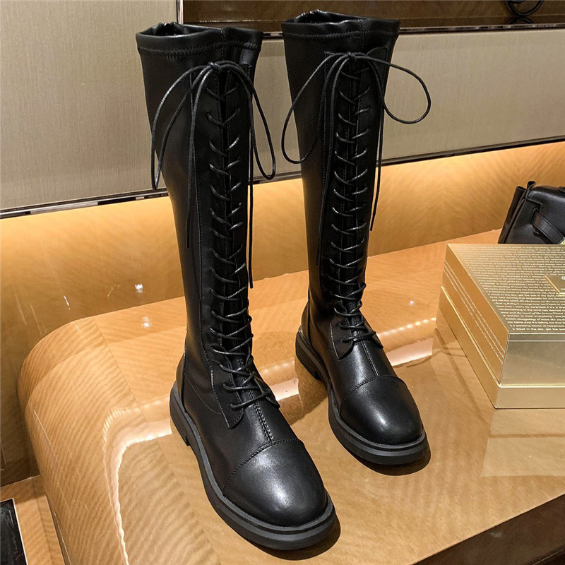 

2021 Winter New Luxury Women's Fashions on Knee High Thigh Long Riding Leather Low Heels Lace Flat Boots Shoes Fsgo, Black