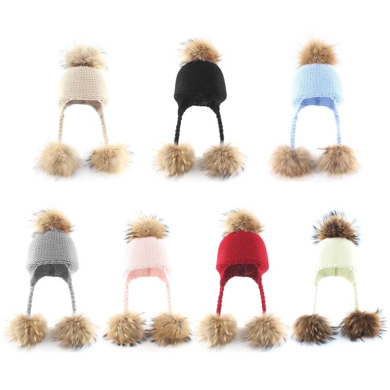 

Toddler Baby 3 Raccoon Fur Ball Beanie Autumn Winter Warm Solid Color Knitted Hat Earflap Children Ear Protection Cap, White