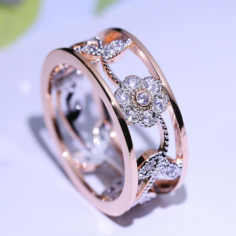 

Flower Vine Leaves Ring Micro-inlaid Zircon Double Layer Two-tone Ring Wedding Rings for Women Fashion Lucky Gift Jewelry