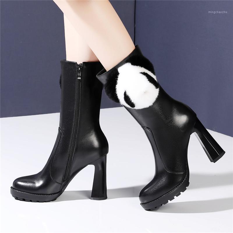 

10cm Super High Heel Platform Women's Shoes Autumn Winter Full Leather Ankle Boots Handmade Ankle Boots Panda Plush in Round Toe1, Black plush in