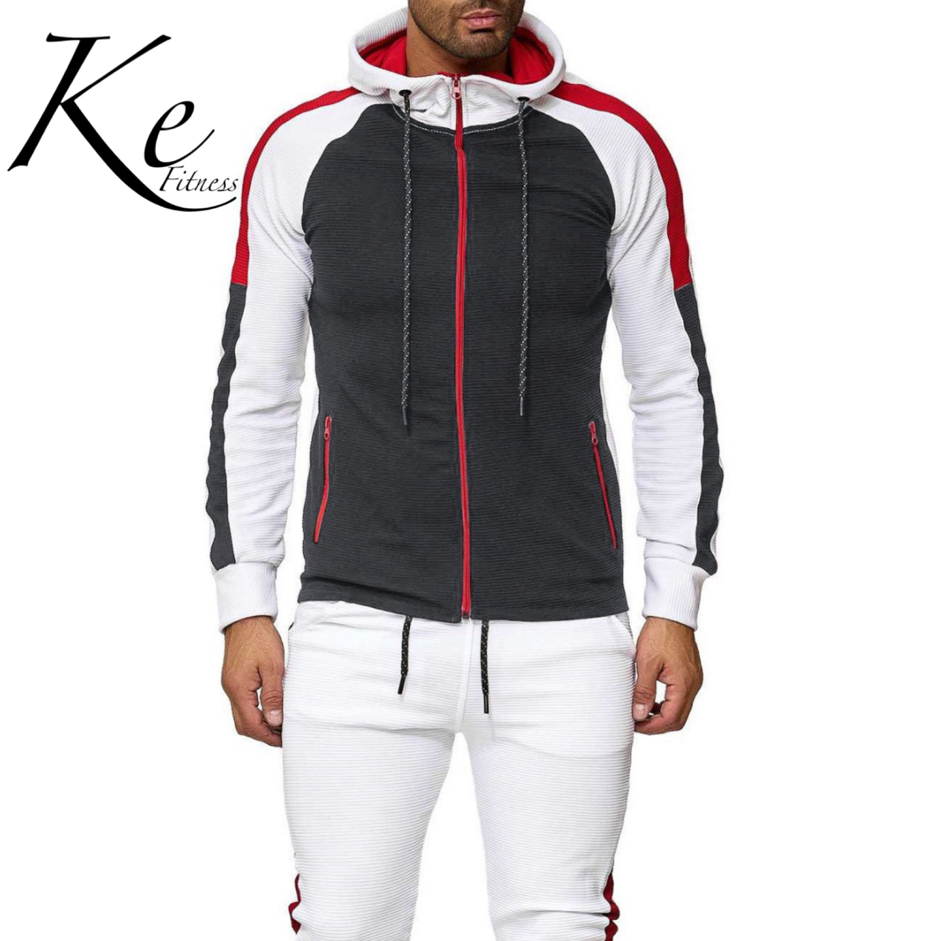 

KE men's casual sports suit striped color matching fashion fitness football running sports suit men tracksuit men set, Gris blanco