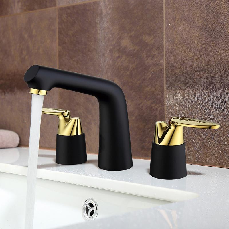 

Basin Faucets Rose Gold and Black Brass Deck Mounted Square Bathroom Sink Faucet 3 Hole Double Handle Hot and Cold Water Taps