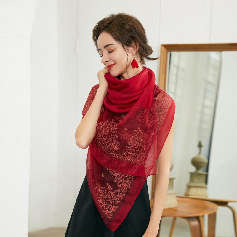 

2020 silk wool silk scarf mulberry embroidery elegant and versatile sunscreen beach shawl towel