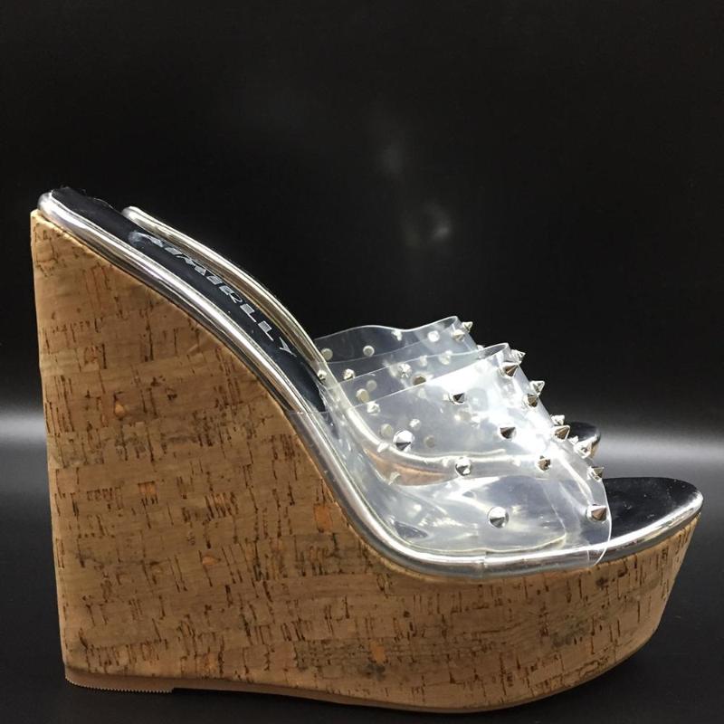 

Women Cork Wedge Sandals Sky High Platform PVC Mules High Heel Shoes Silver US11